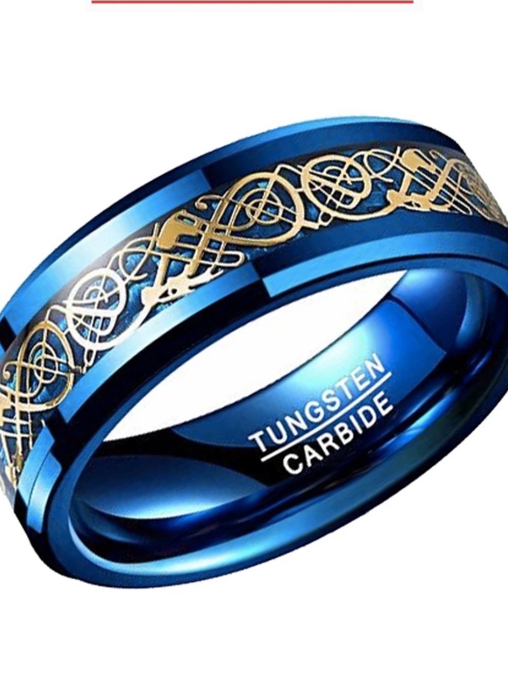 Blue Tungsten Carbide Ring with Gold Celtic Pattern